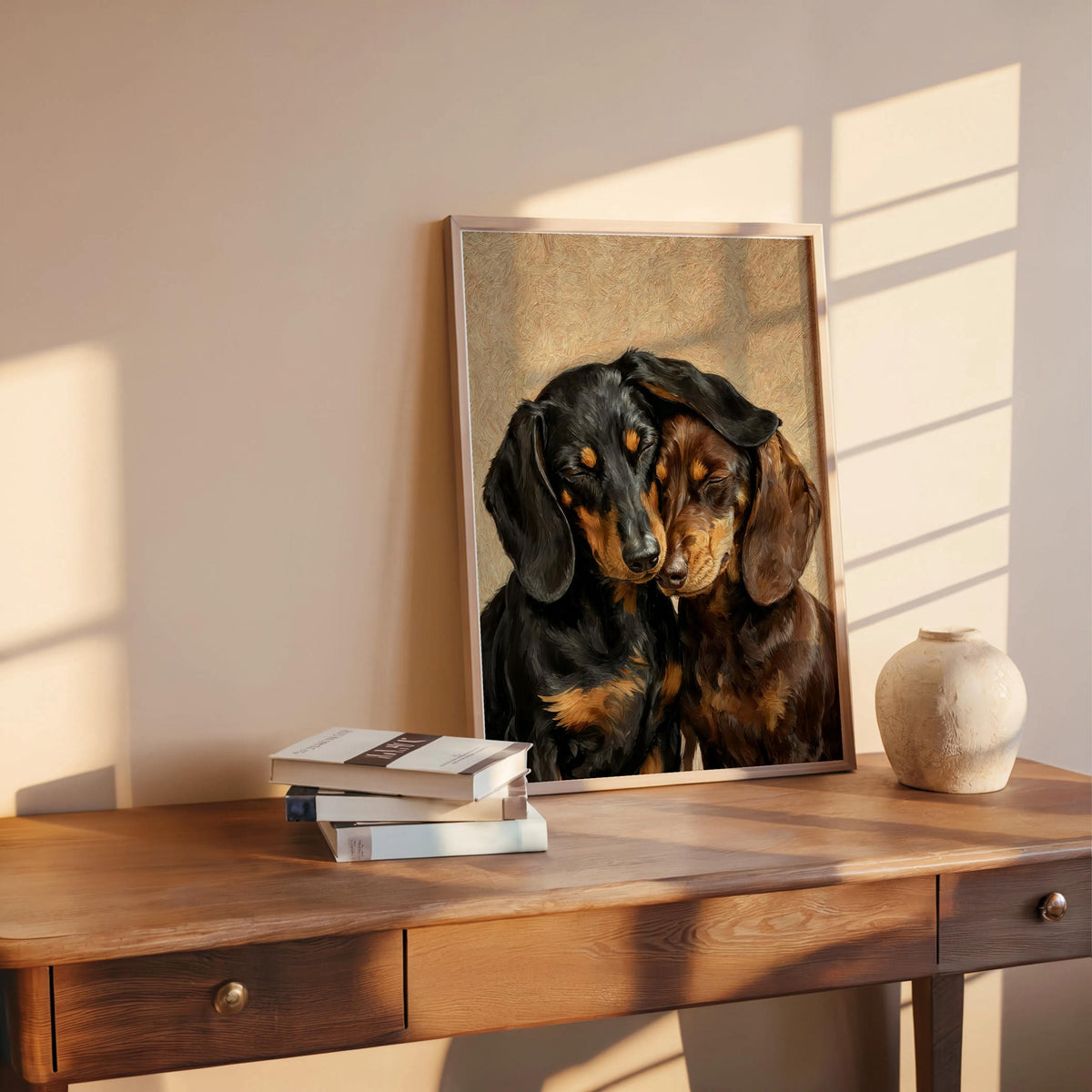 Dachshund Canvas Wall Art, Two Loving Wiener Dogs, Pet Memorial Art, Cute Sausage Dog Lover Portrait Gift, Cozy Doxie Painting