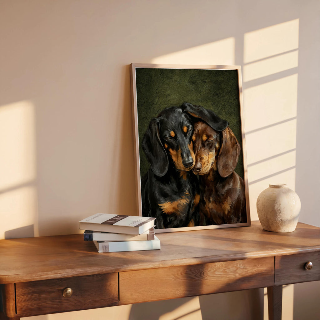 Dachshund Canvas Wall Art, Two Loving Wiener Dogs, Pet Memorial Art, Cute Sausage Dog Lover Portrait Gift, Cozy Doxie Painting