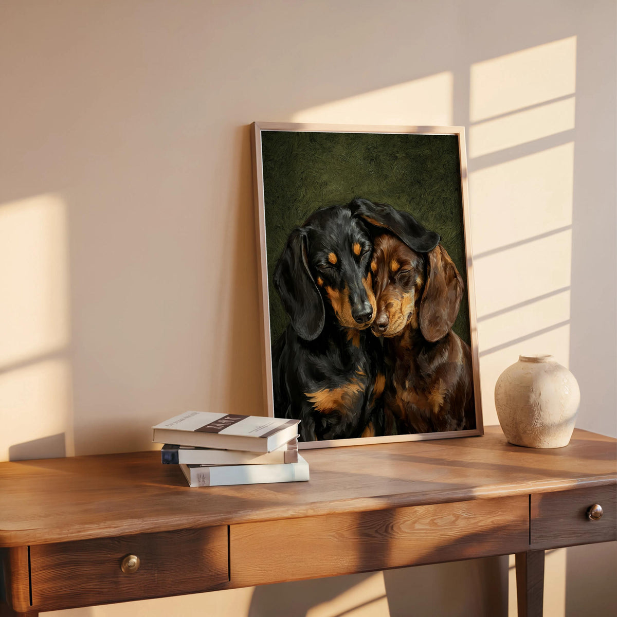Dachshund Canvas Wall Art, Two Loving Wiener Dogs, Pet Memorial Art, Cute Sausage Dog Lover Portrait Gift, Cozy Doxie Painting