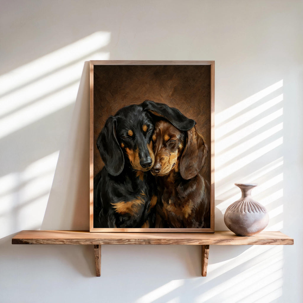 Dachshund Canvas Wall Art, Two Loving Wiener Dogs, Pet Memorial Art, Cute Sausage Dog Lover Portrait Gift, Cozy Doxie Painting