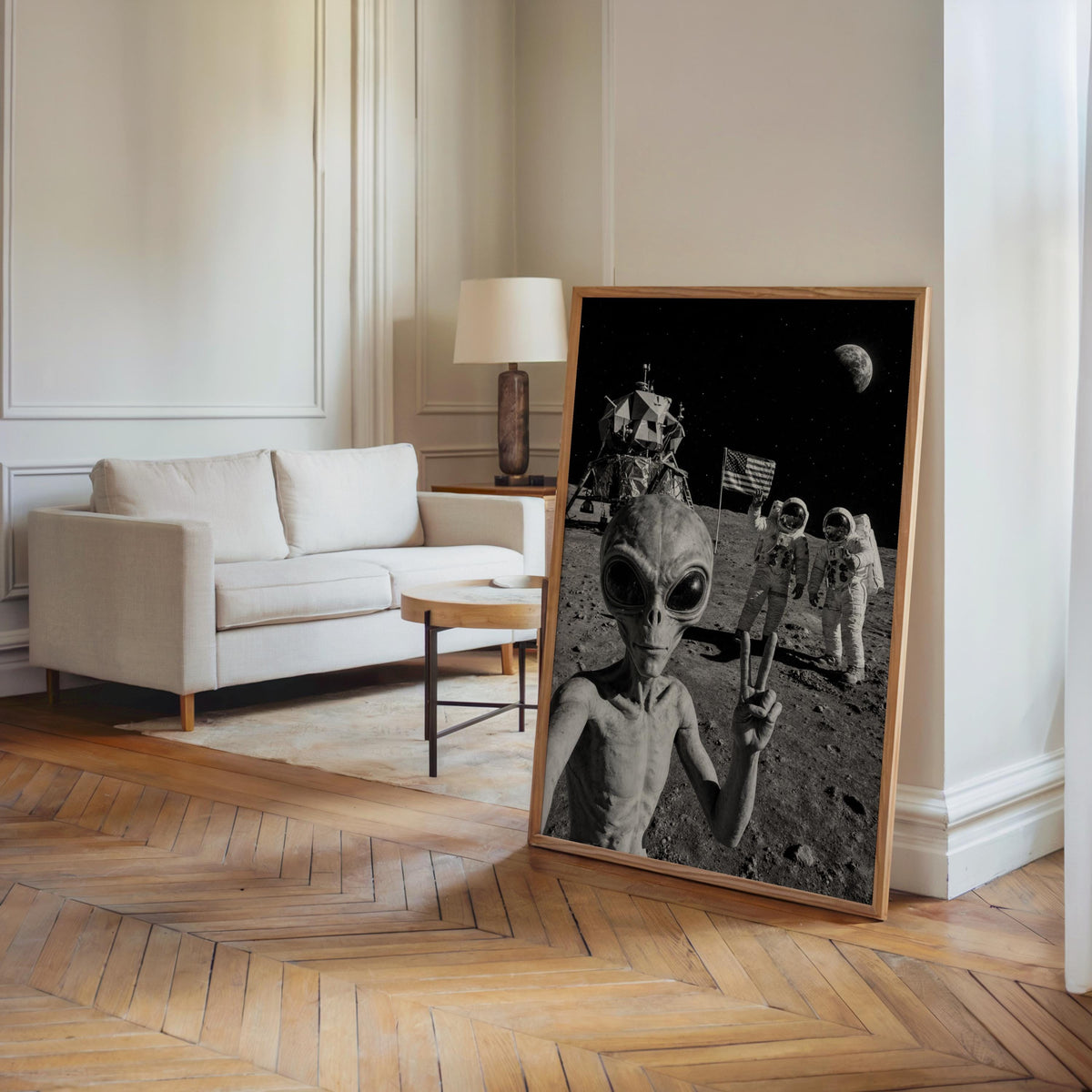 Alien Moon Selfie Art Print, Retro Funny Astronaut Wall Decor, Black & White Funny Space Poster, Quirky Vintage UFO Sci-Fi Photo Decor