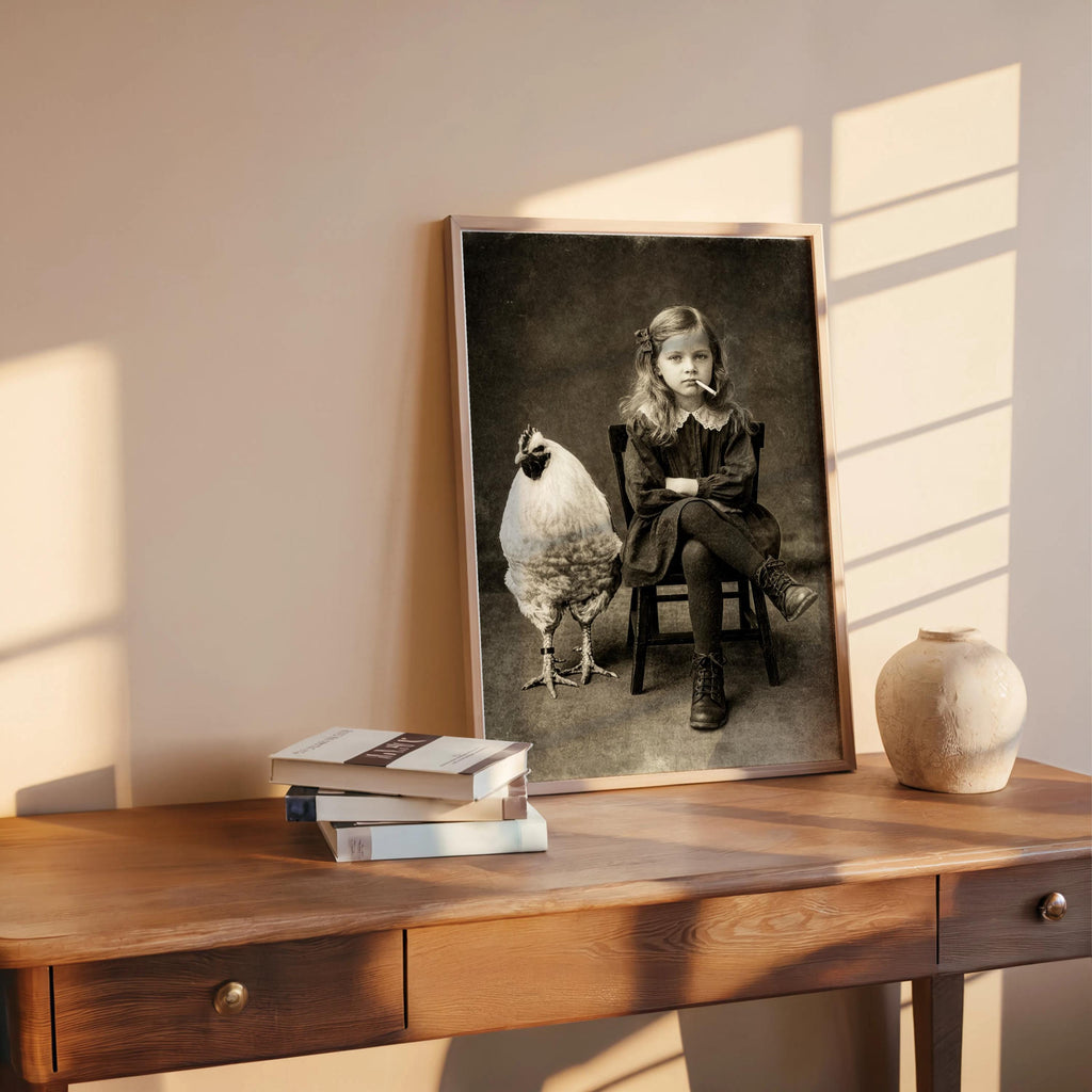 Vintage Smoking Girl with Chicken Art Print, Quirky Black & White Photography, Moody Child Portrait Poster, Eccentric Farmhouse Wall Decor