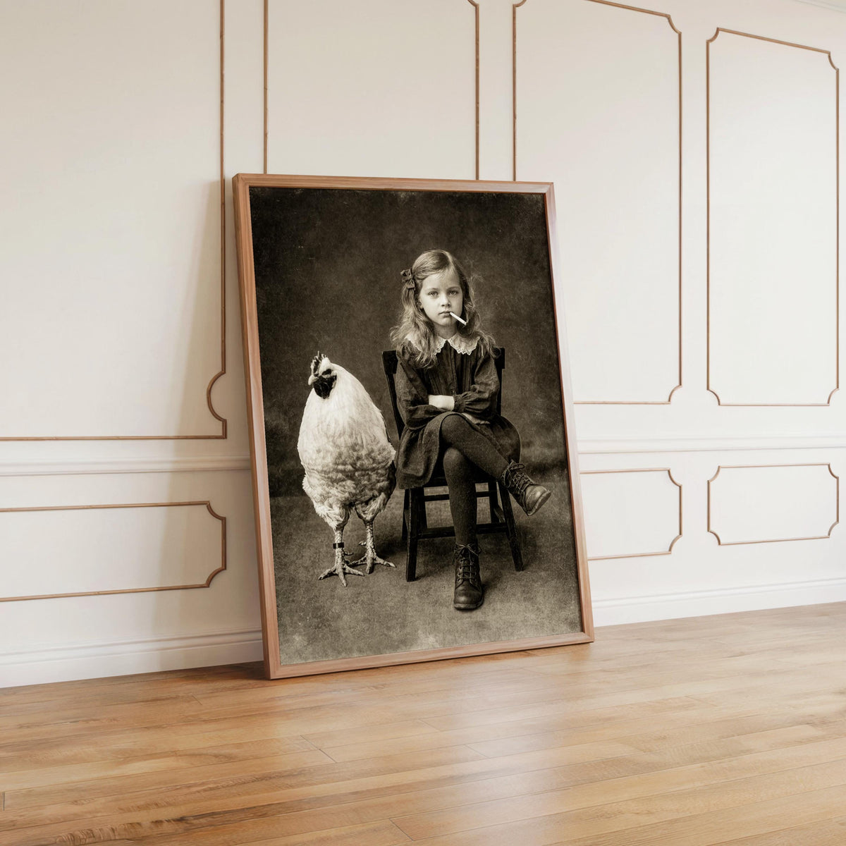 Vintage Smoking Girl with Chicken Art Print, Quirky Black & White Photography, Moody Child Portrait Poster, Eccentric Farmhouse Wall Decor
