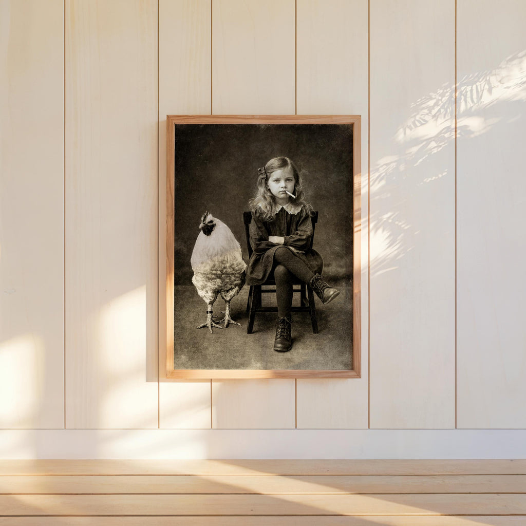 Vintage Smoking Girl with Chicken Art Print, Quirky Black & White Photography, Moody Child Portrait Poster, Eccentric Farmhouse Wall Decor