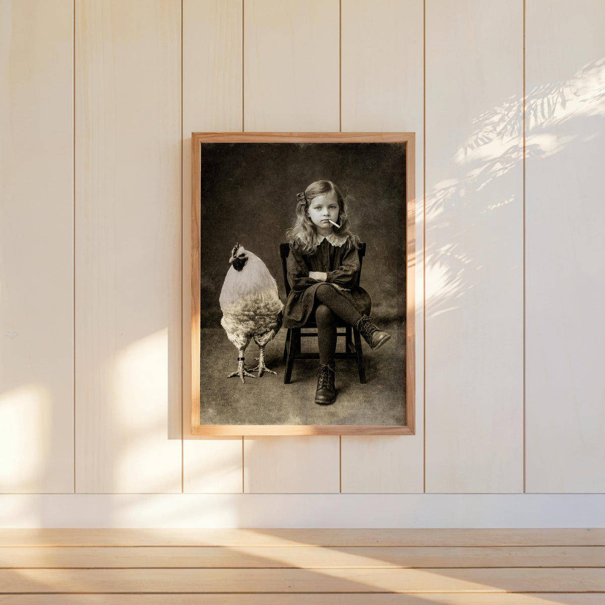 Vintage Smoking Girl with Chicken Art Print, Quirky Black & White Photography, Moody Child Portrait Poster, Eccentric Farmhouse Wall Decor