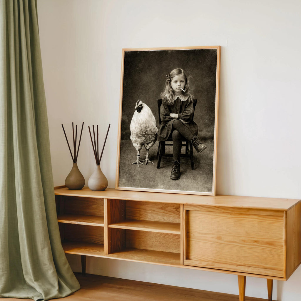 Vintage Smoking Girl with Chicken Art Print, Quirky Black & White Photography, Moody Child Portrait Poster, Eccentric Farmhouse Wall Decor