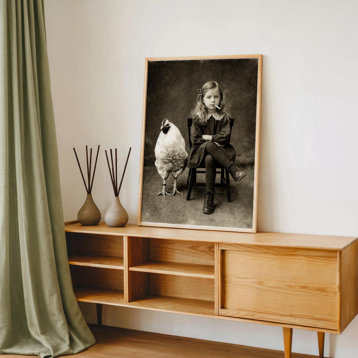 Vintage Smoking Girl with Chicken Art Print, Quirky Black & White Photography, Moody Child Portrait Poster, Eccentric Farmhouse Wall Decor