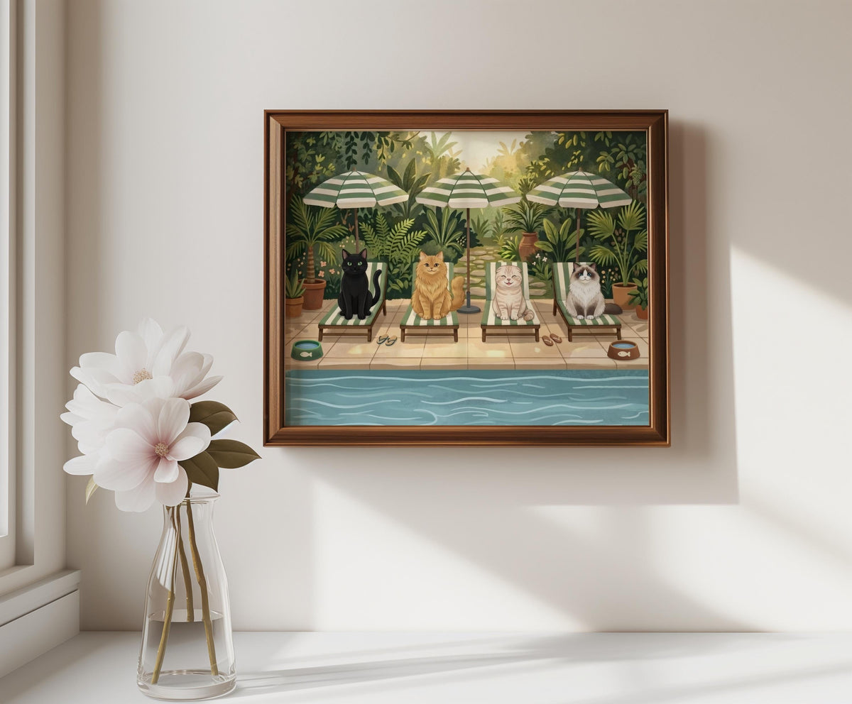 Cat Pool Party Wall Art, Whimsical Summer Cats Print, Cute Kitten Lounge Decor, Playful Garden Poolside Illustration, Cozy Animal Vacation