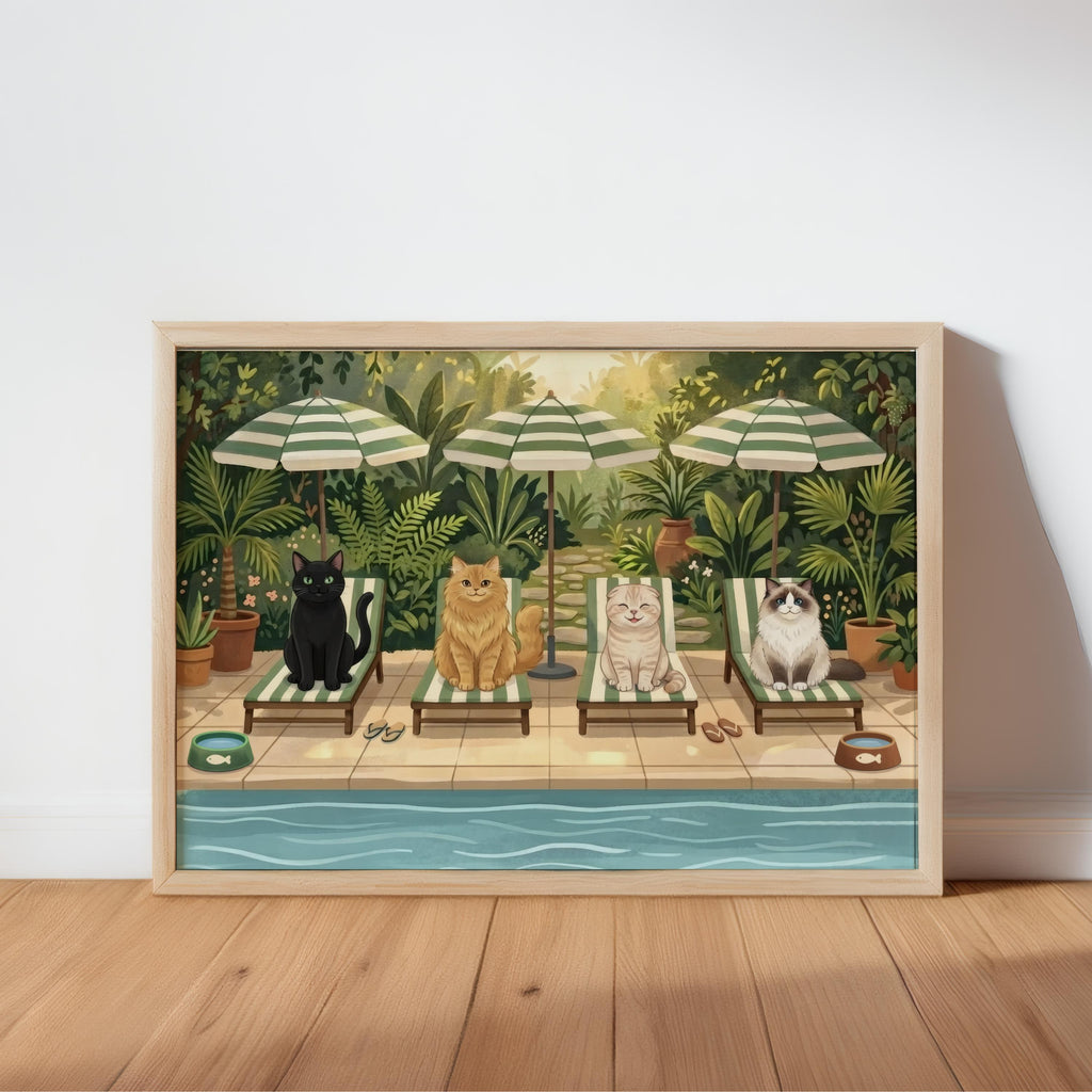 Cat Pool Party Wall Art, Whimsical Summer Cats Print, Cute Kitten Lounge Decor, Playful Garden Poolside Illustration, Cozy Animal Vacation