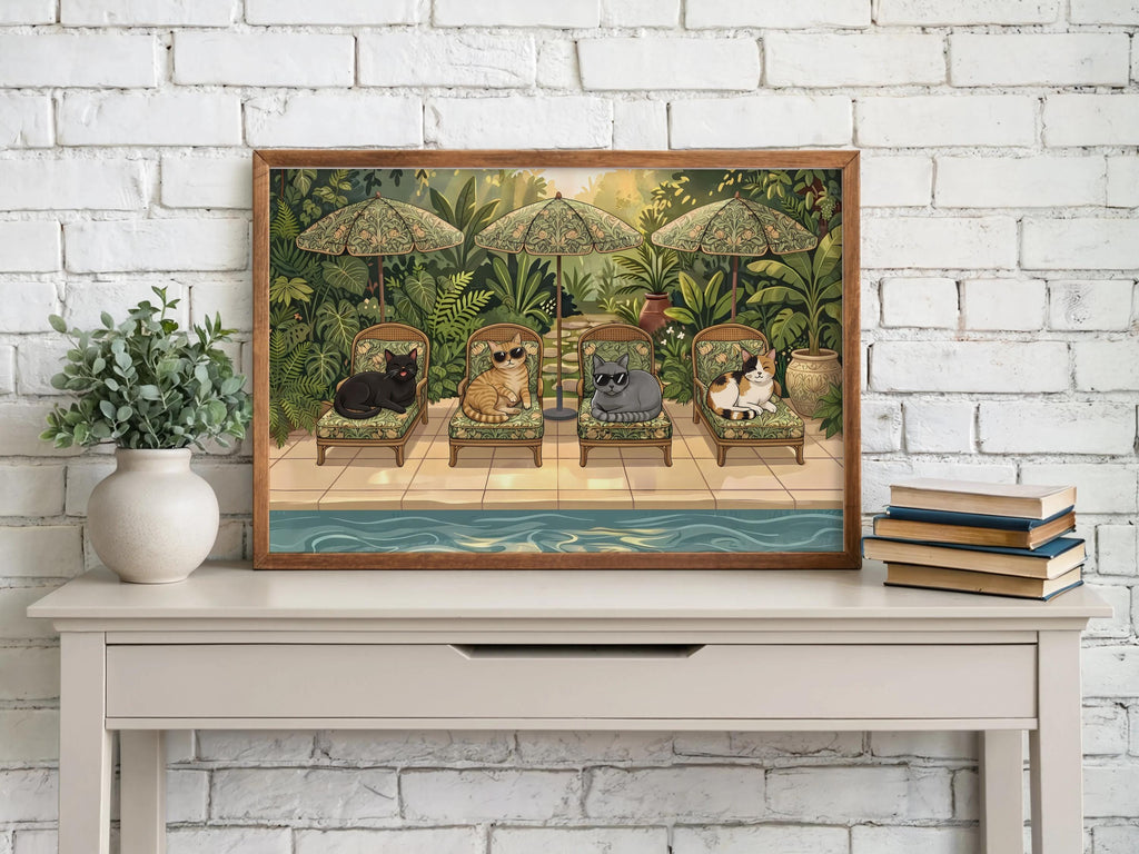 Whimsical Cats Pool Art Print, Tropical Summer Garden Illustration, Retro Animal Decor