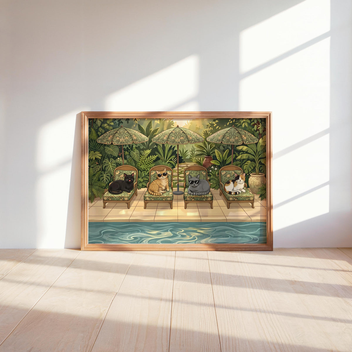 Whimsical Cats Pool Art Print, Tropical Summer Garden Illustration, Retro Animal Decor