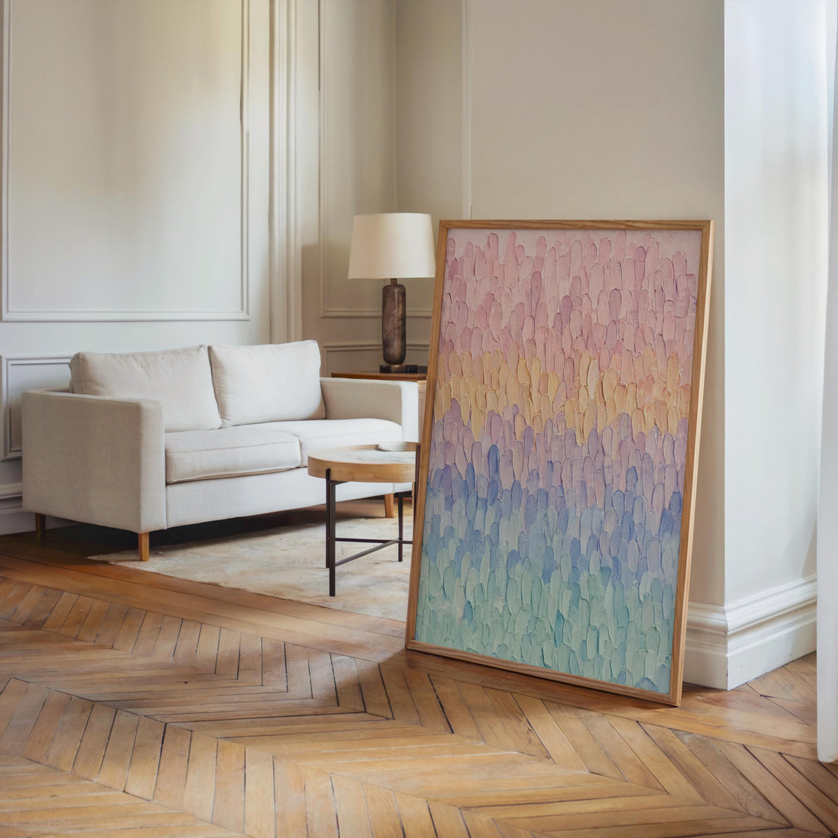Pastel Impasto Abstract Waves, Long Stroke Textured Art, Soft Rainbow Gradient Print, Modern Minimalist Wall Decor, Line Grade Painting