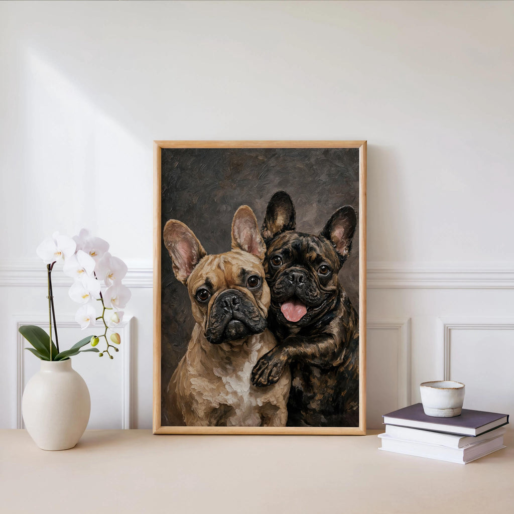 French Bulldog Portrait Canvas, Two Loving Frenchies, Canine Best Friends Painting, Pet Memorial Art, Cute Dog Mom Lover Portrait Gift