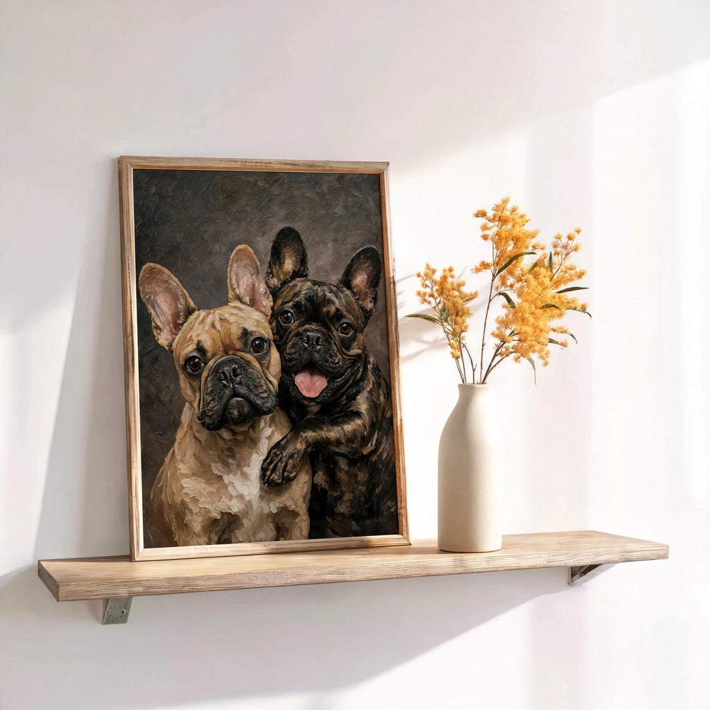 French Bulldog Portrait Canvas, Two Loving Frenchies, Canine Best Friends Painting, Pet Memorial Art, Cute Dog Mom Lover Portrait Gift