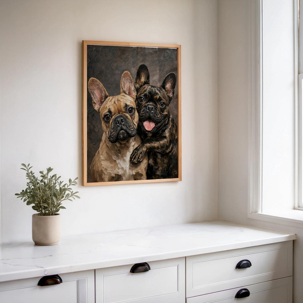 French Bulldog Portrait Canvas, Two Loving Frenchies, Canine Best Friends Painting, Pet Memorial Art, Cute Dog Mom Lover Portrait Gift