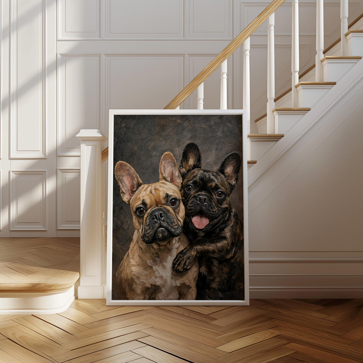 French Bulldog Portrait Canvas, Two Loving Frenchies, Canine Best Friends Painting, Pet Memorial Art, Cute Dog Mom Lover Portrait Gift