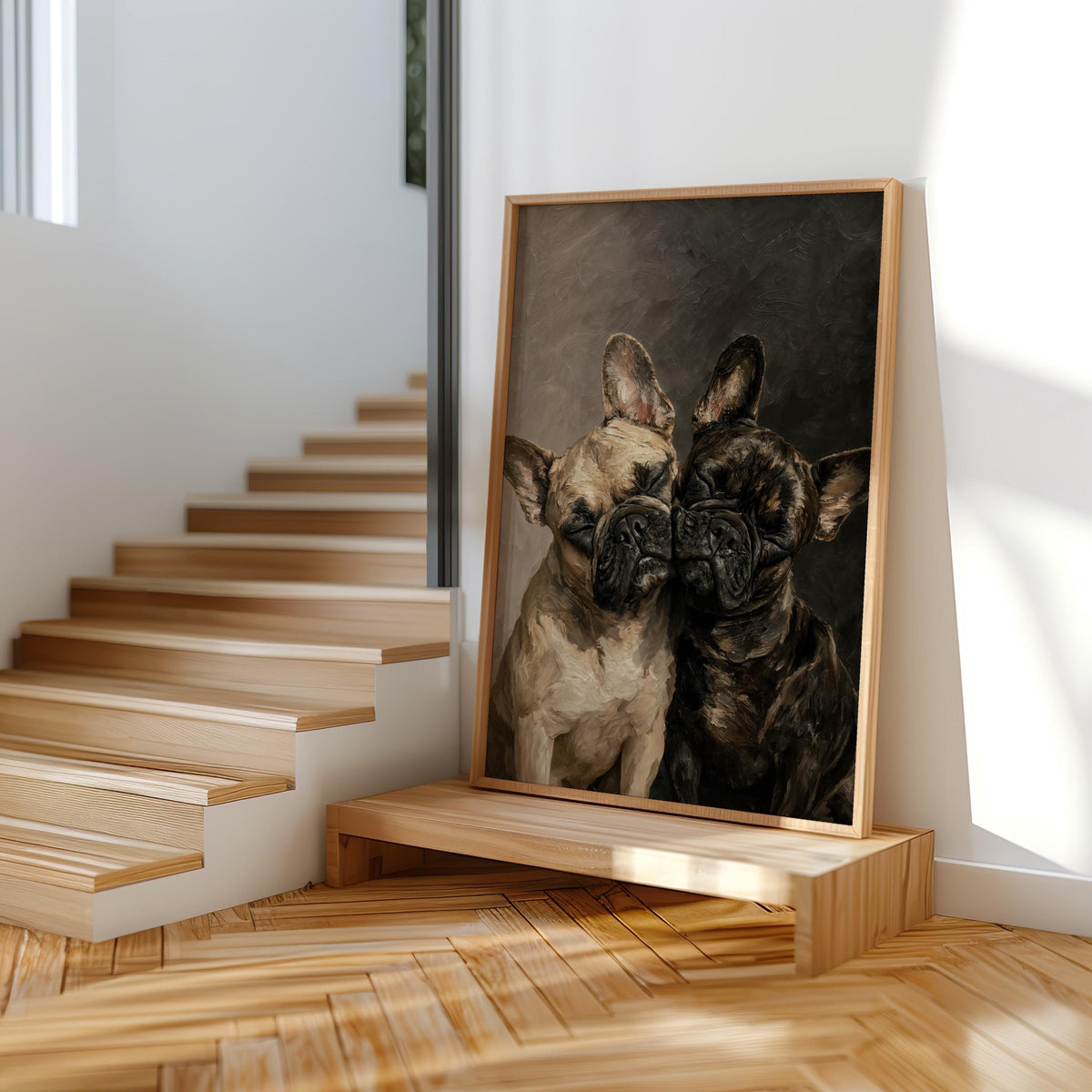 Frenchie Dog Portrait Print, Two Loving French Bulldogs, Frenchy Bathroom Wall Art, Pet Memorial Painting, Cute Lover Dog Mom Gift