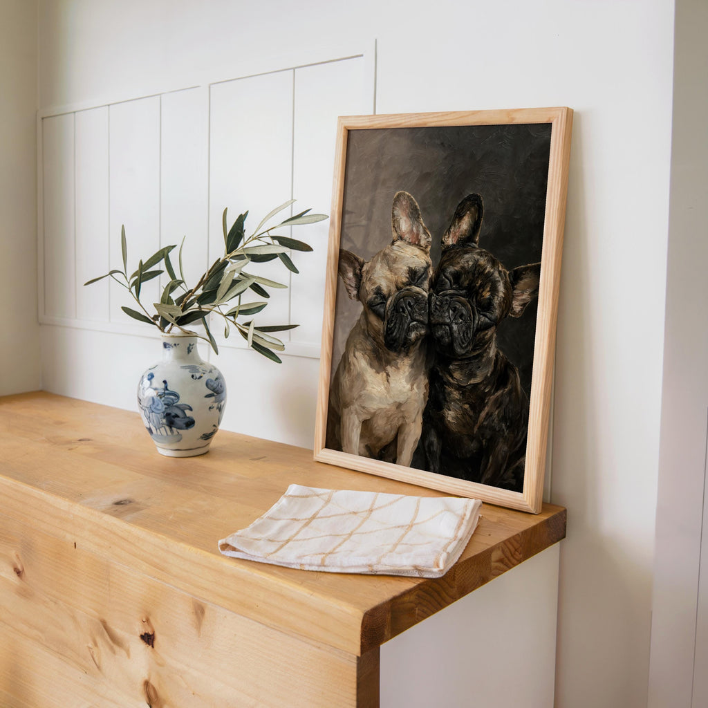 Frenchie Dog Portrait Print, Two Loving French Bulldogs, Frenchy Bathroom Wall Art, Pet Memorial Painting, Cute Lover Dog Mom Gift