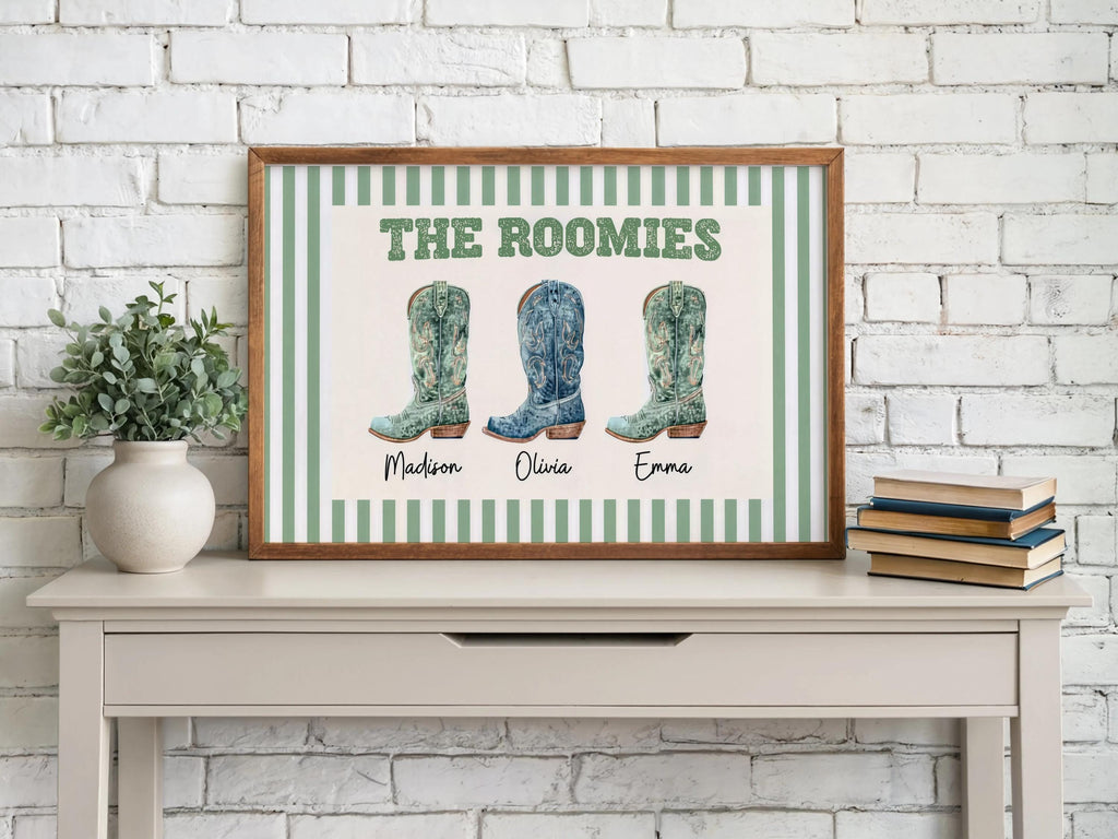 Custom Roommate Cowgirl Boot Wall Art, Personalized Western Nursery College Dorm Decor, Best Friend Cowboy Roomie Print, Girly Family Poster