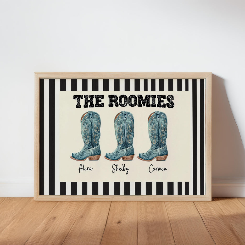 Custom Roommate Cowgirl Boot Wall Art, Personalized Western Nursery College Dorm Decor, Best Friend Cowboy Roomie Print, Girly Family Poster