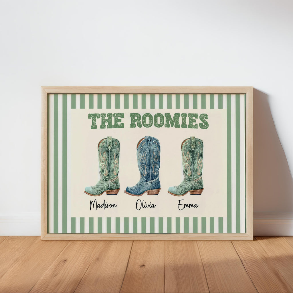 Custom Roommate Cowgirl Boot Wall Art, Personalized Western Nursery College Dorm Decor, Best Friend Cowboy Roomie Print, Girly Family Poster