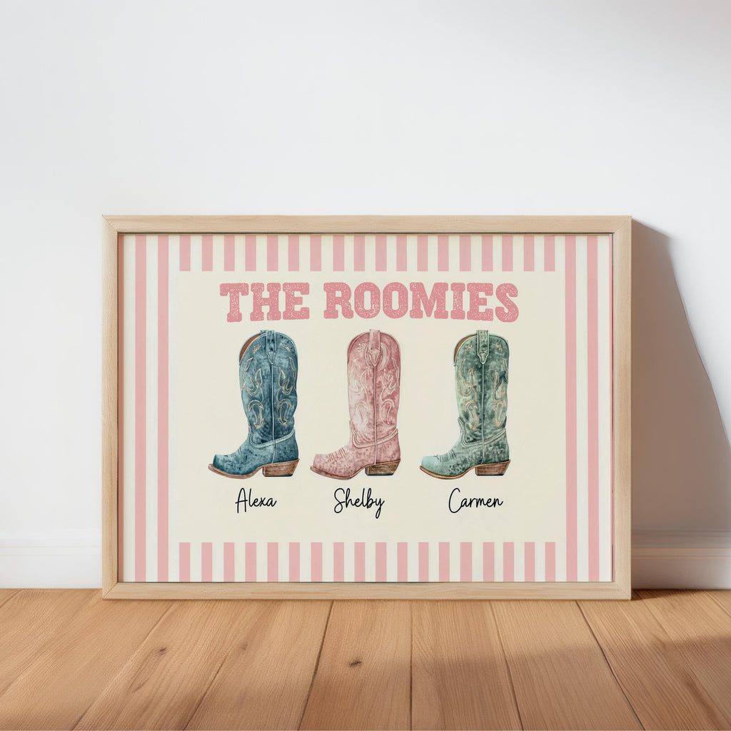 Custom Roommate Cowgirl Boot Wall Art, Personalized Western Nursery College Dorm Decor, Best Friend Cowboy Roomie Print, Girly Family Poster