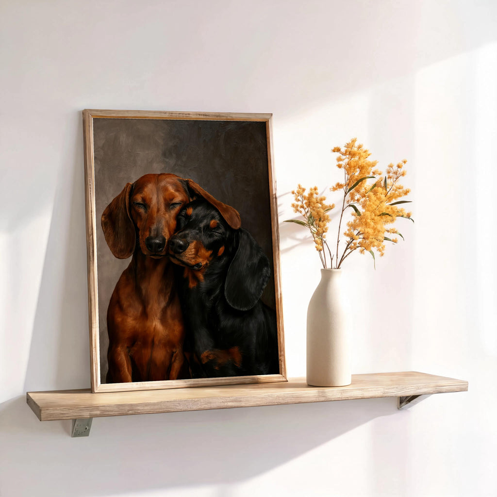Framed dachshund wall art print on a floating shelf with dried stems, warm highlights on the doxies' coats