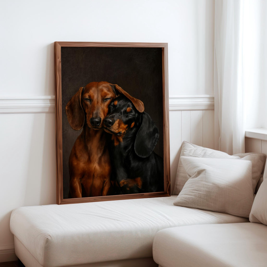 Close-in framed dachshund wall art print beside a couch, two dachshunds painting with rich warm lighting