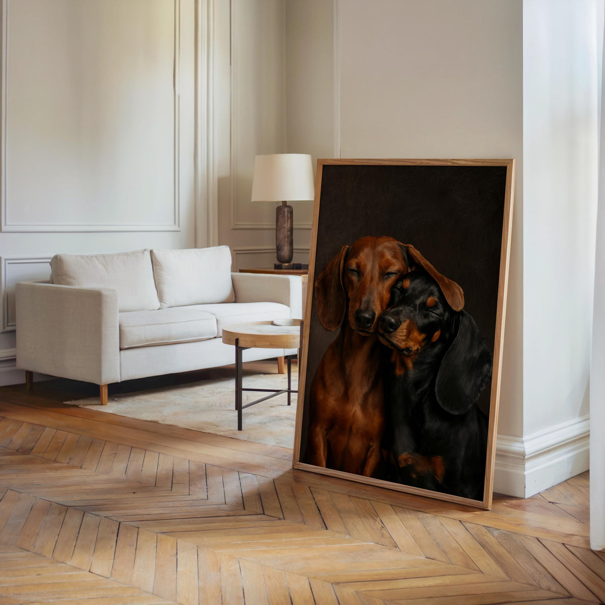 Sausage dog art print leaning near a sofa, moody two-dachshunds painting bringing rustic warmth to the room