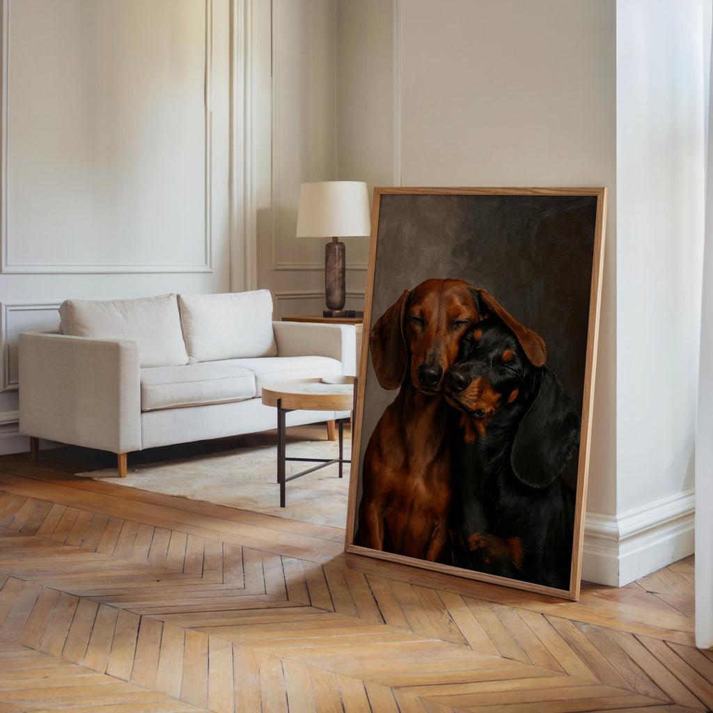 Framed dachshund portrait print freestanding on parquet floor in a Scandinavian living room vignette