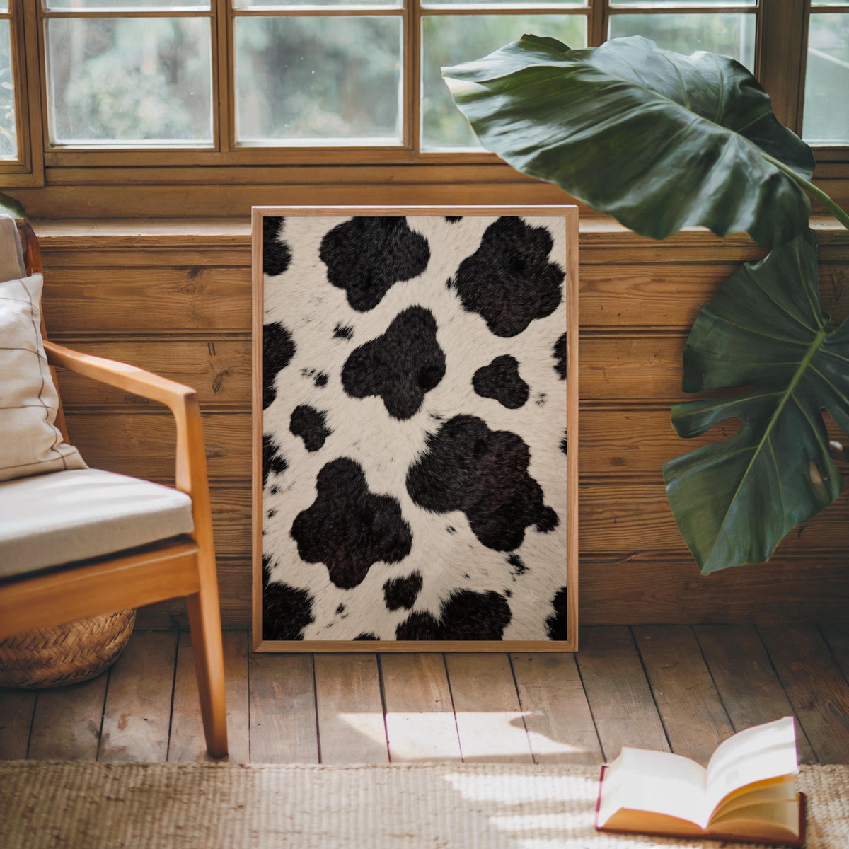 Black and white cow art propped on a low bench in a sunroom, large green leaf plant nearby