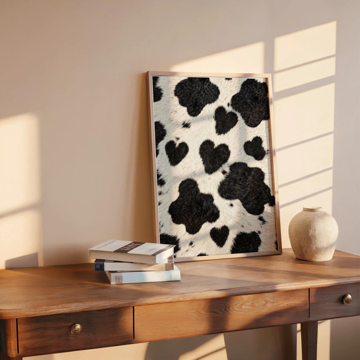 Heart cow print wall art on a rustic wooden desk, stacked books and round decor, cowgirl room decor note