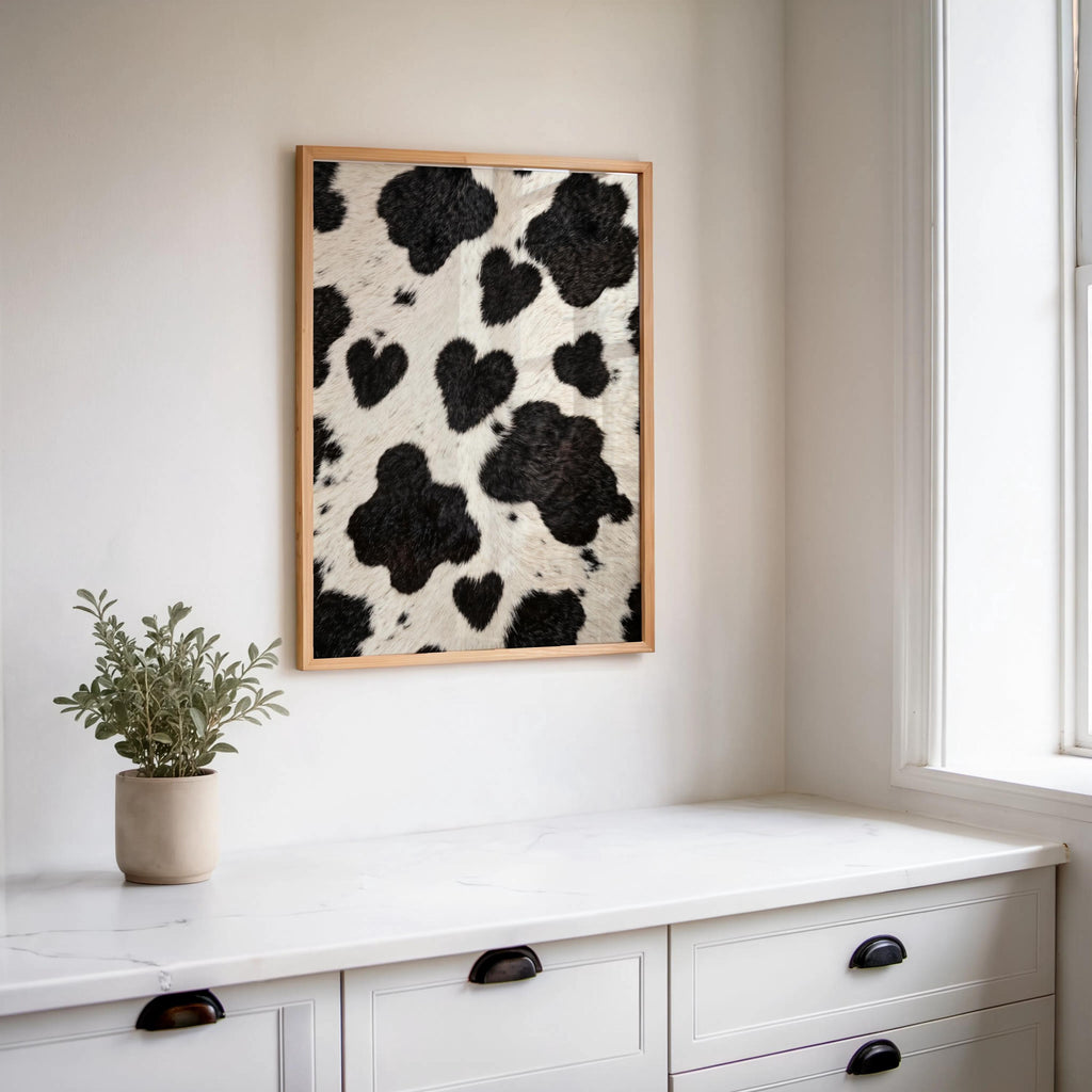 Heart cow print wall art hung above a white console, small potted plant, clean rustic farmhouse styling