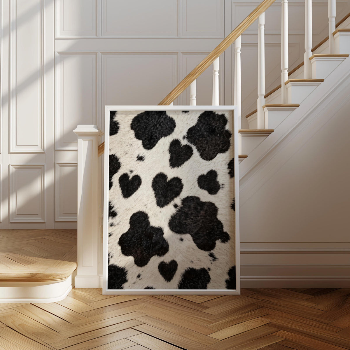 Heart cow print wall art large framed piece leaning by a stair, sunlit country foyer styling