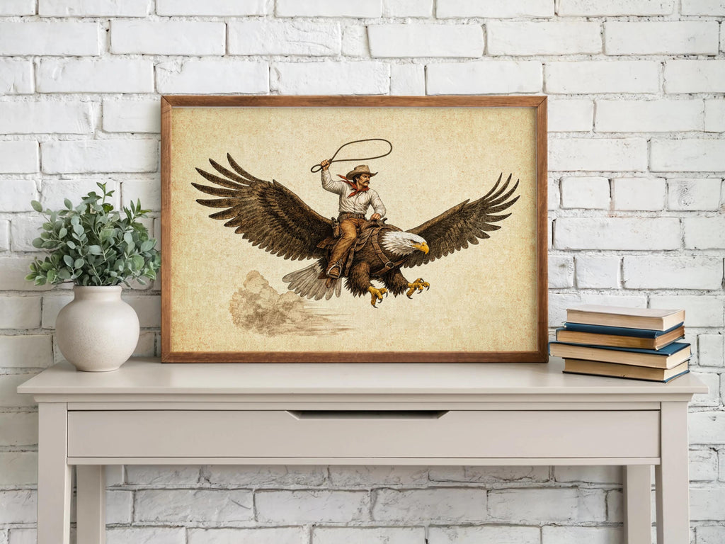 Bald eagle art print staged on white brick mantel, cowboy riding eagle wall art paired with books and plant