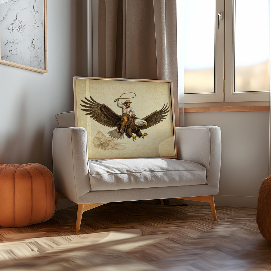 Smaller framed cowboy riding eagle wall art set on cozy armchair, earthy tones, whimsical Western vibe