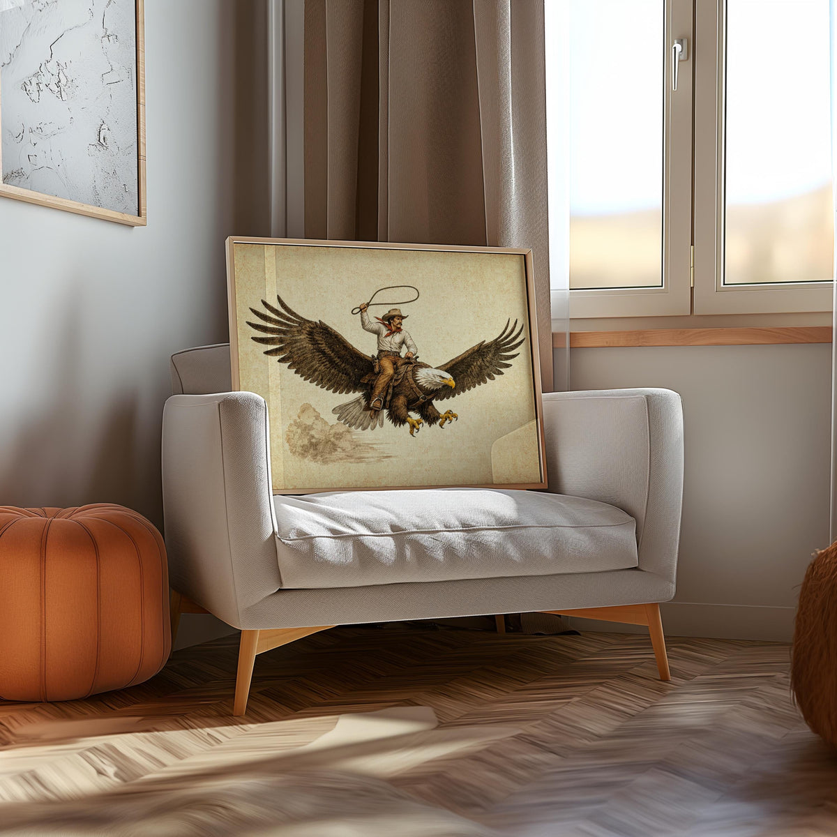 Smaller framed cowboy riding eagle wall art set on cozy armchair, earthy tones, whimsical Western vibe