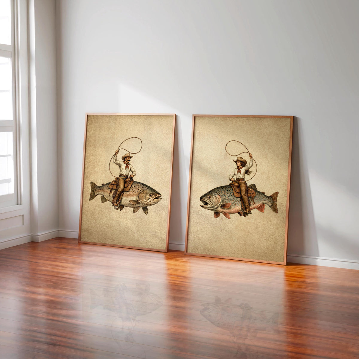 Cowboy & Cowgirl Riding Fish Set of 2, Funny Brook Trout Wall Art, Surreal Western Decor, Vintage Fishing Poster, Wild West Print