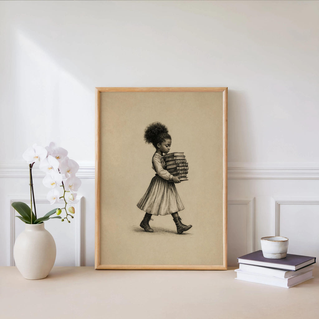 Black Girl Carrying Books Wall Art,  Retro Book Lover Print, Vintage Library Book Nook Poster, Reading Room Decor, Afrocentric storybook
