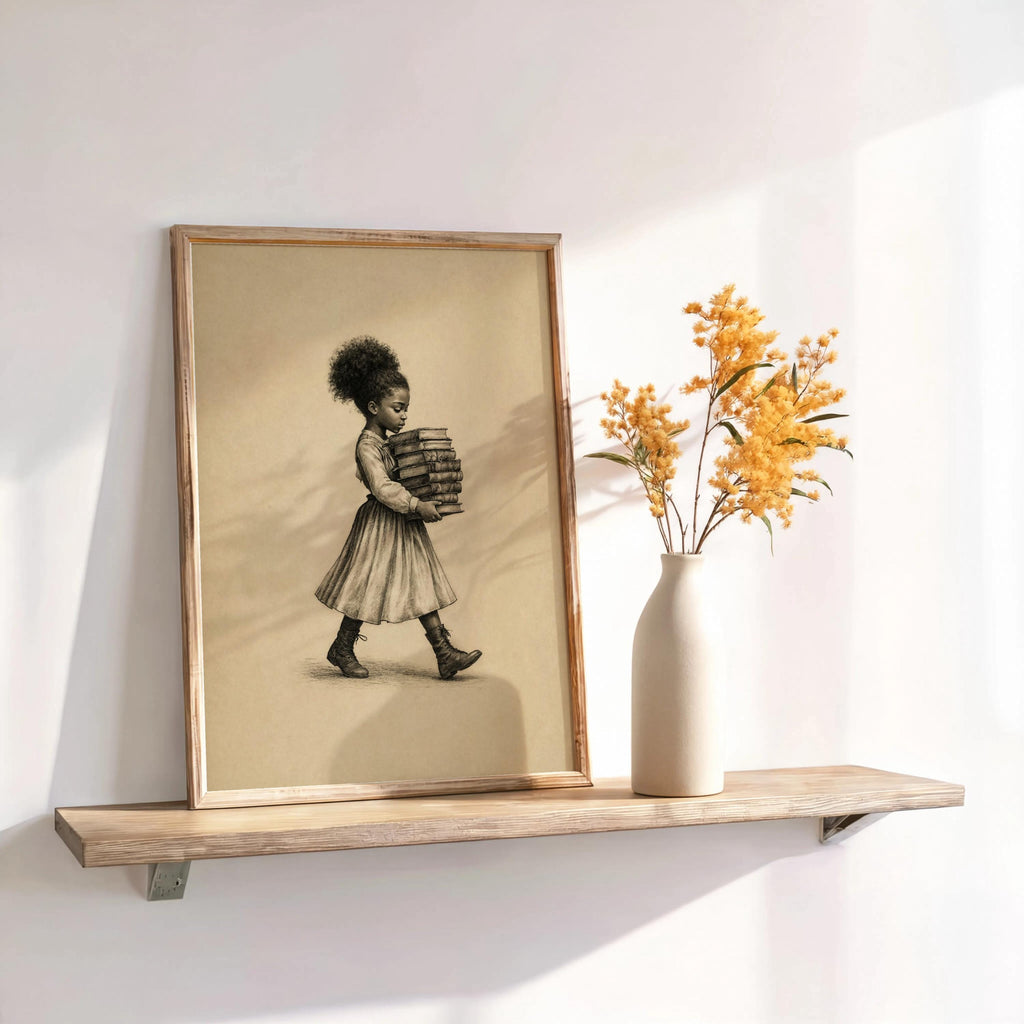 Black Girl Carrying Books Wall Art,  Retro Book Lover Print, Vintage Library Book Nook Poster, Reading Room Decor, Afrocentric storybook