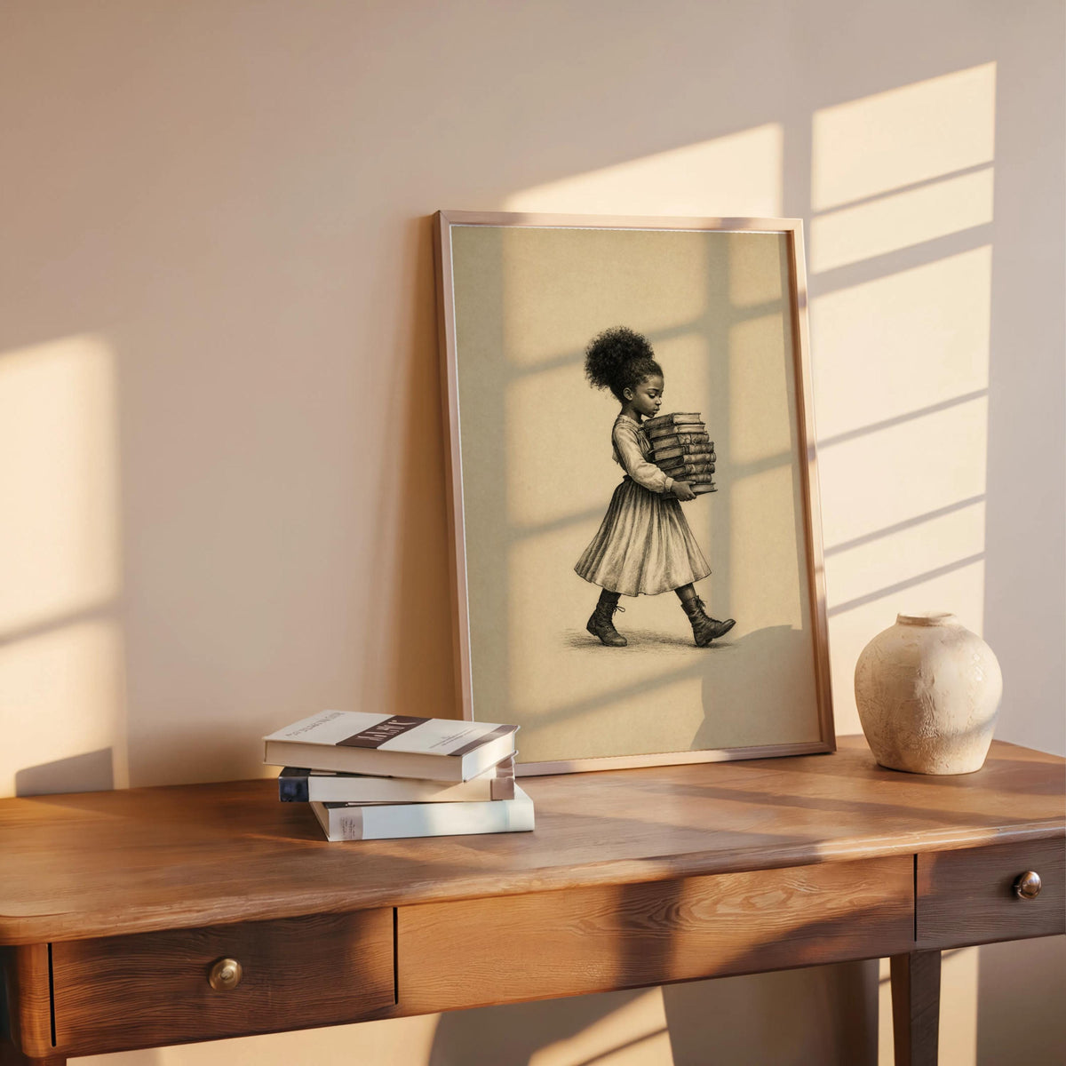 Black Girl Carrying Books Wall Art,  Retro Book Lover Print, Vintage Library Book Nook Poster, Reading Room Decor, Afrocentric storybook