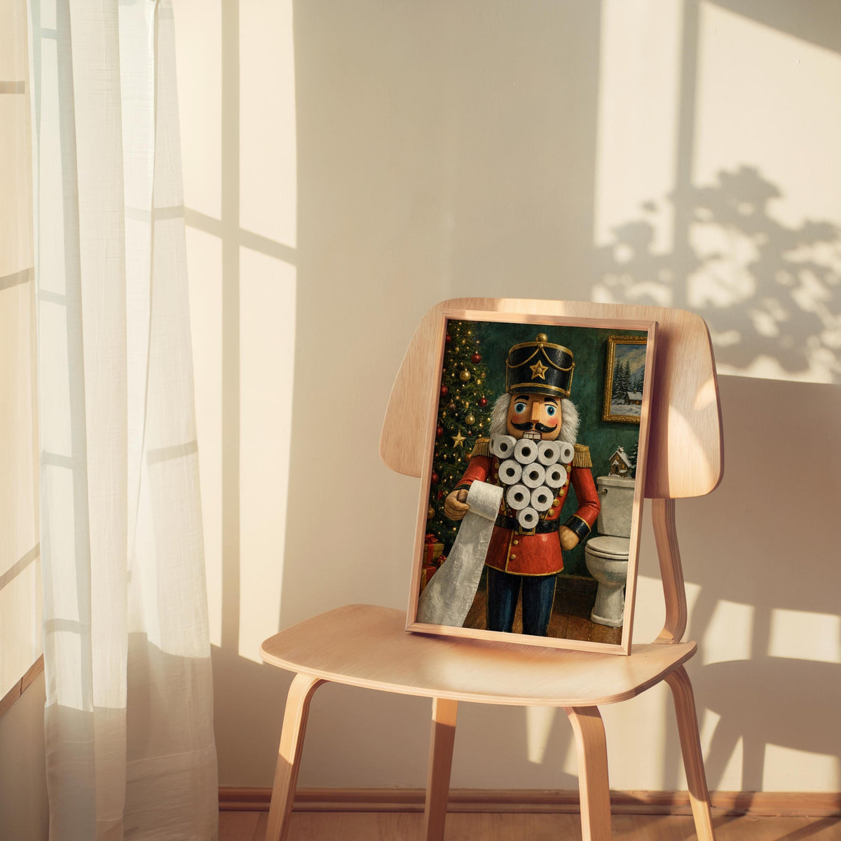 Small framed funny nutcracker bathroom print perched on a wooden chair, lamp and sheer curtains cast warm light.