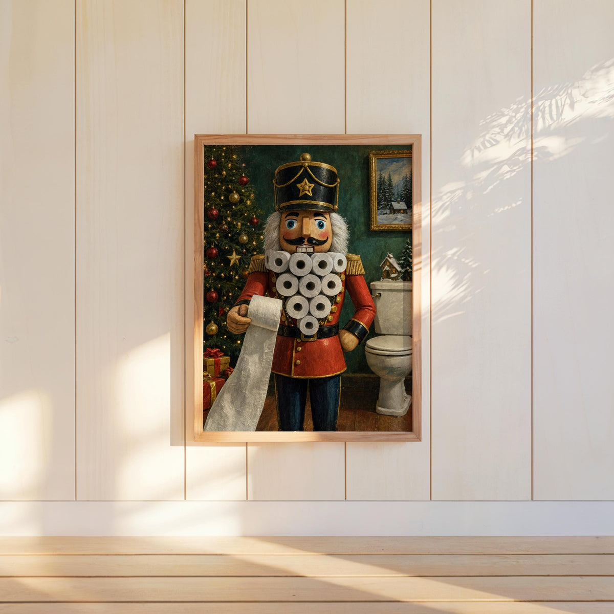 Framed funny nutcracker bathroom print hung on a white wall, sunlight stripes accent the festive colors and gold.