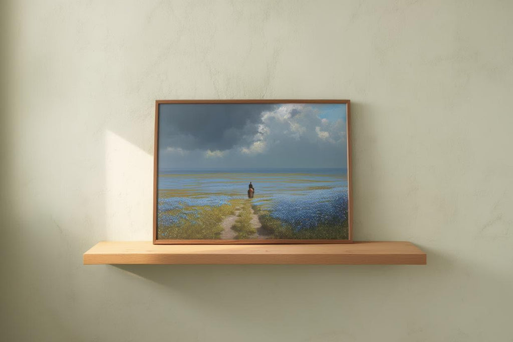 Bluebonnets Prairie & Lone Cowboy, Western Landscape Painting, Moody Stormy Sky Art, Texas Hill Country Print, Wildflower Field Poster
