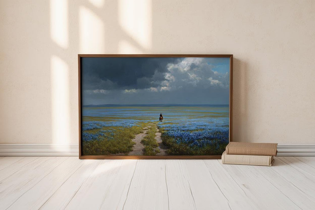 Bluebonnets Prairie & Lone Cowboy, Western Landscape Painting, Moody Stormy Sky Art, Texas Hill Country Print, Wildflower Field Poster