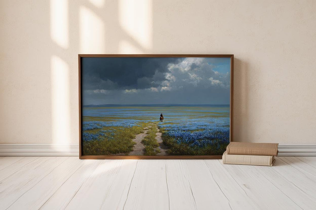Bluebonnets Prairie & Lone Cowboy, Western Landscape Painting, Moody Stormy Sky Art, Texas Hill Country Print, Wildflower Field Poster
