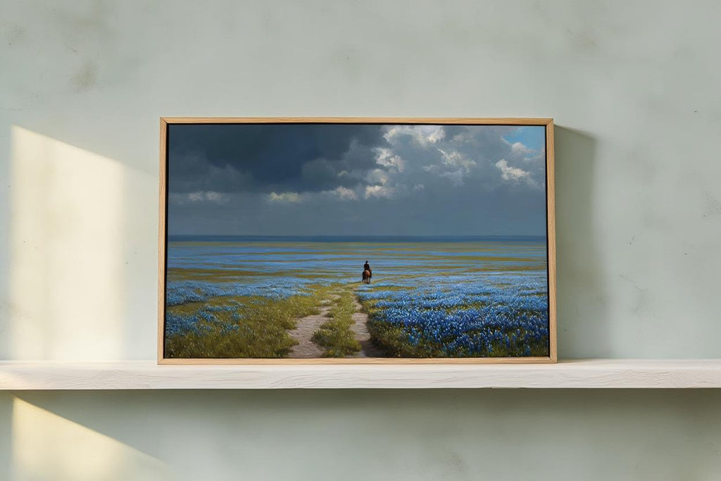 Bluebonnets Prairie & Lone Cowboy, Western Landscape Painting, Moody Stormy Sky Art, Texas Hill Country Print, Wildflower Field Poster