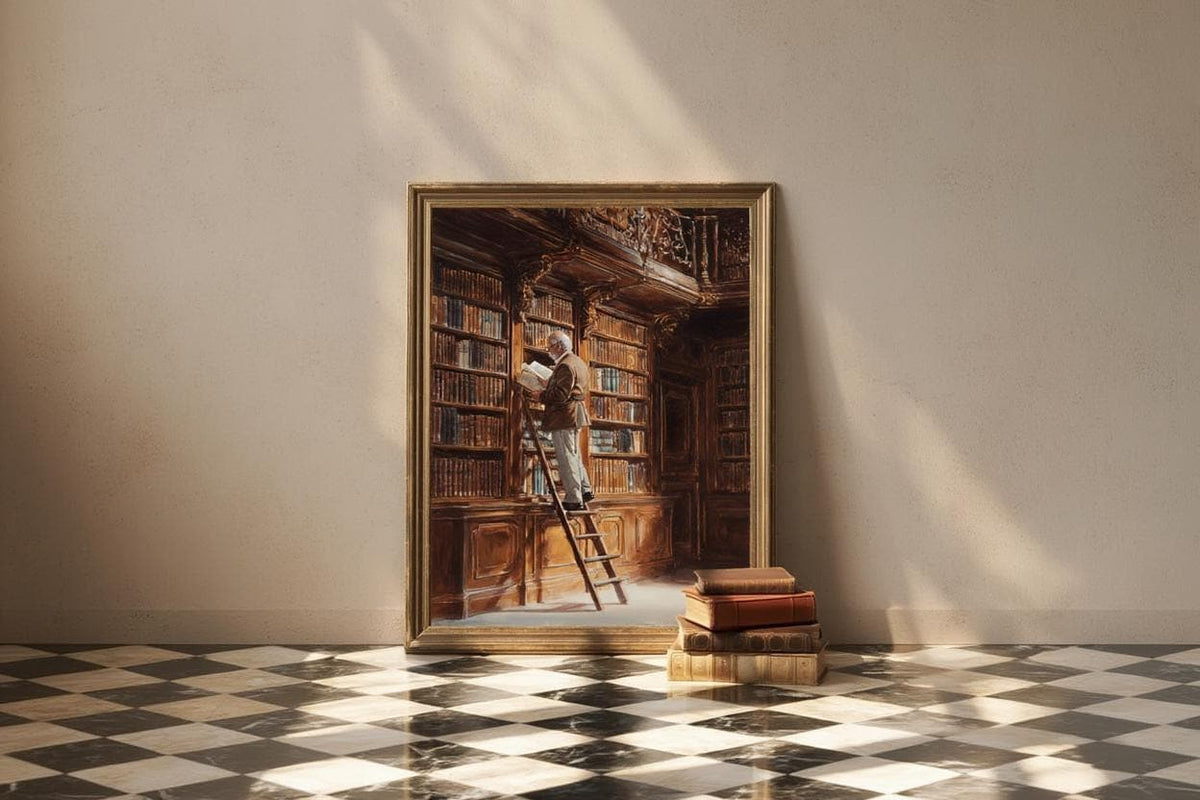 Library Oil Painting, Moody Dark Academia Wall Art, Book Lover Gift, Vintage Study Print, Librarian Home Office Decor, Bibliophile Poster