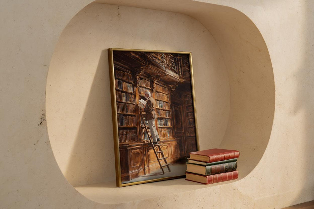 Library Oil Painting, Moody Dark Academia Wall Art, Book Lover Gift, Vintage Study Print, Librarian Home Office Decor, Bibliophile Poster