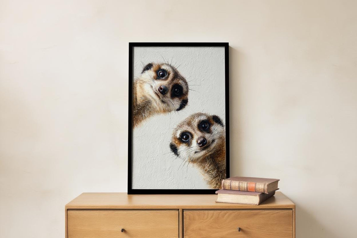 Meerkats Painting, Whimsical Curious Animal Print, Modern Safari Nursery Decor, Playful Wildlife Fine Art, Cute Funny African Pet Portrait
